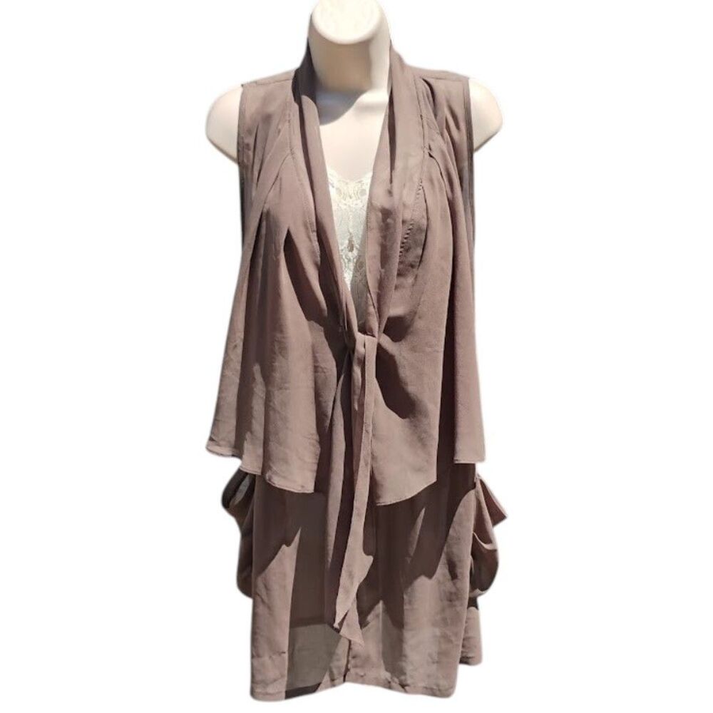 A'Reve Tan Chiffon Duster Vest Womens Small Flowy Layers Sheer